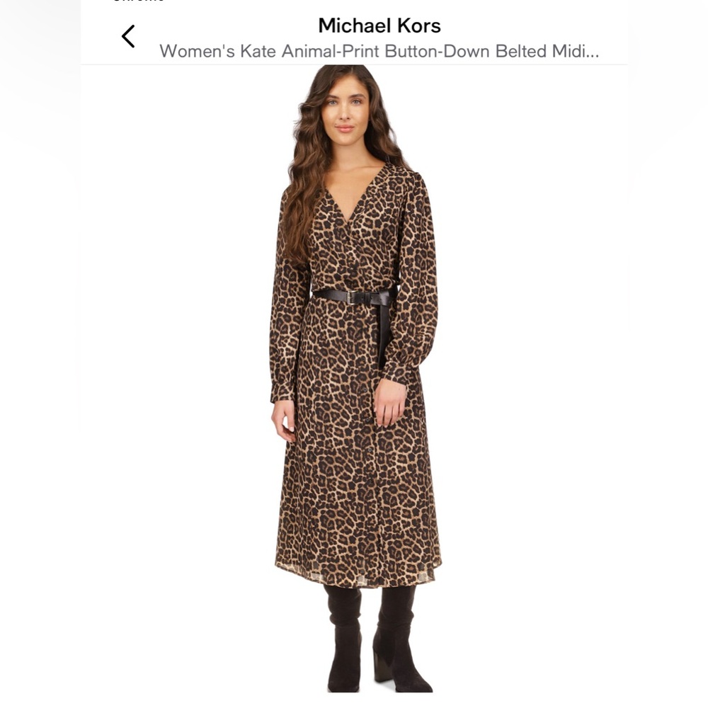 Michael Kors Leopard Print Button Down Dress with Long Cuffed Sleeves and Belt